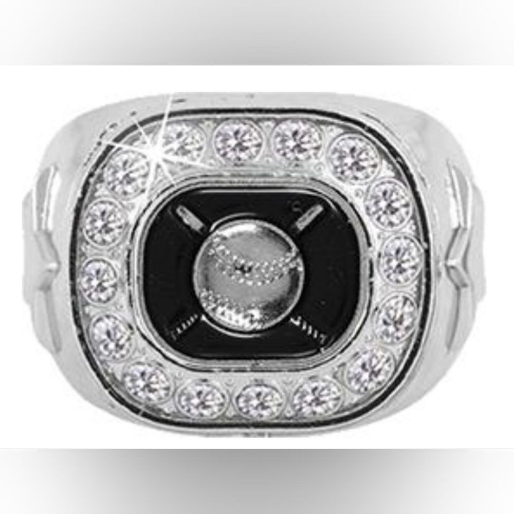 Crown Silver & Black Colored Baseball Star Ring